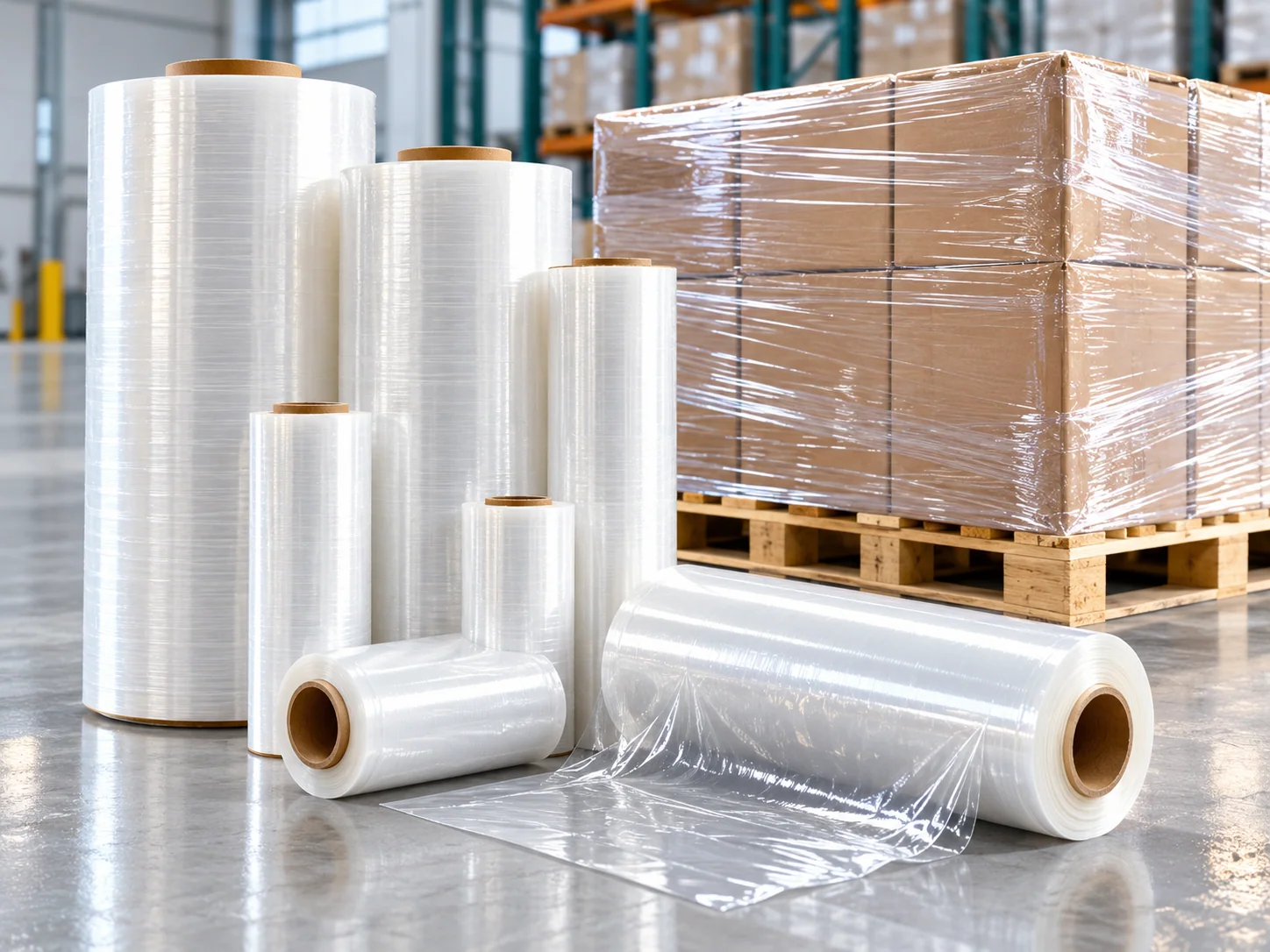 Goods stretch-wrapped in plastic film for secure pallet transport